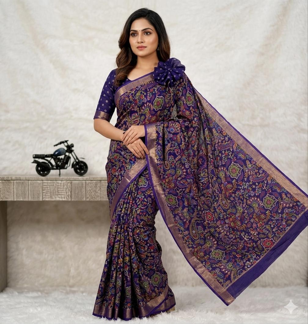 Royal Blue Dola Silk Printed Saree With Jari Broder