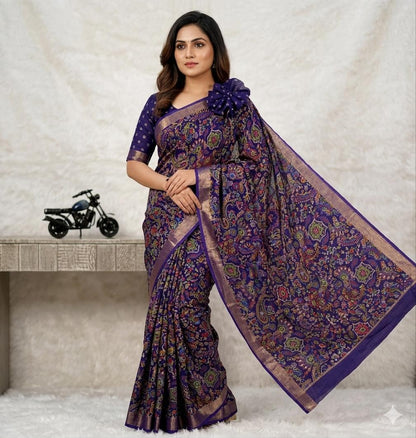 Royal Blue Dola Silk Printed Saree With Jari Broder