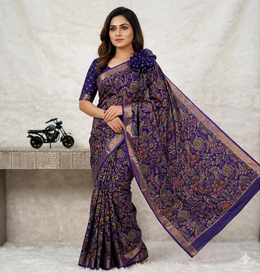 Royal Blue Cotton Printed Saree With Jari Broder