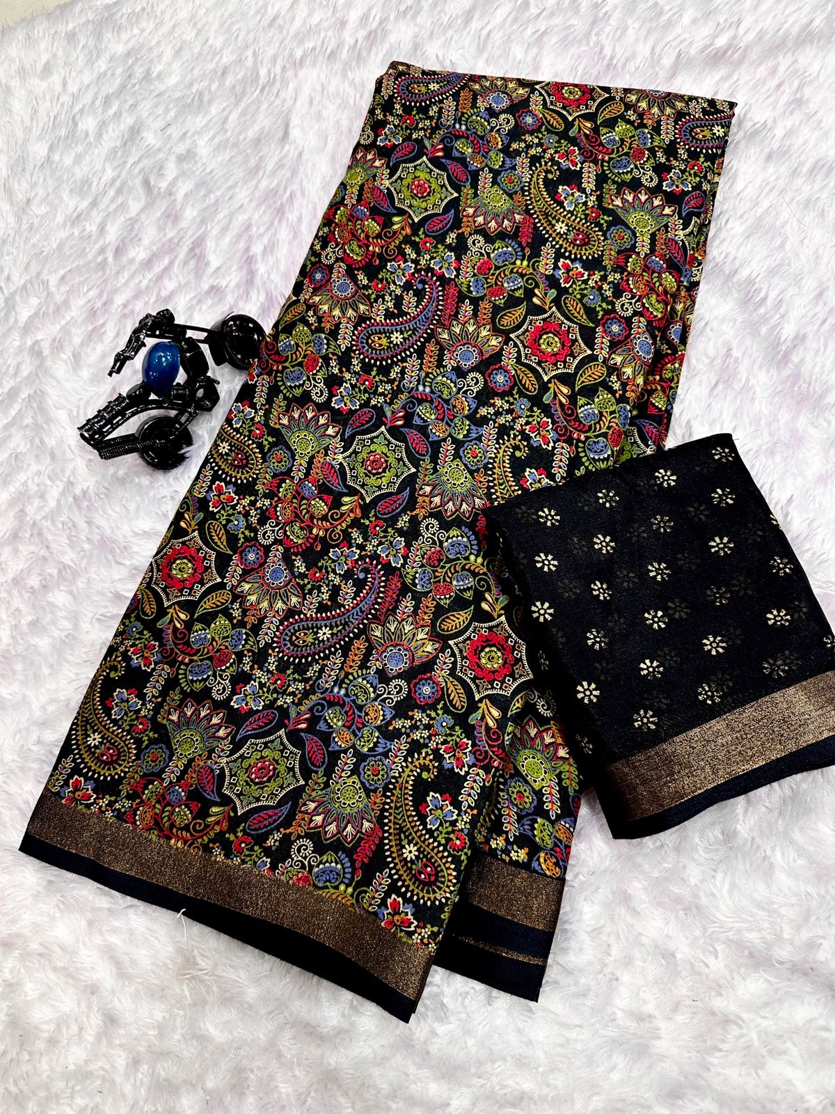 Black Dola Silk Printed Saree With Jari Broder
