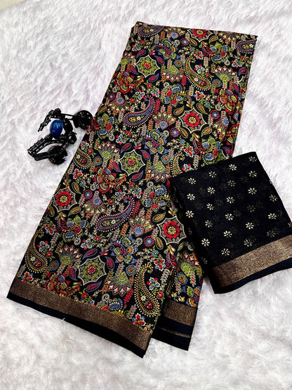 Black Dola Silk Printed Saree With Jari Broder