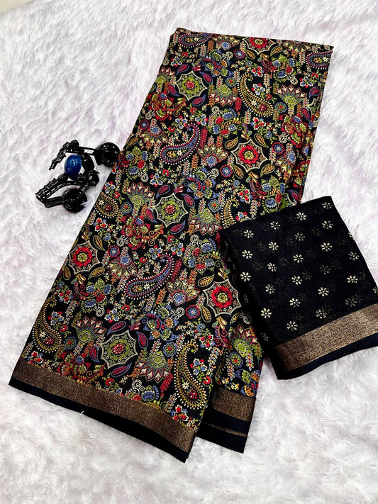 Black Dola Silk Printed Saree With Jari Broder