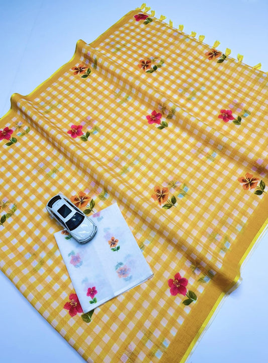 Yellow Color Cheks Print Womens Trending Saree