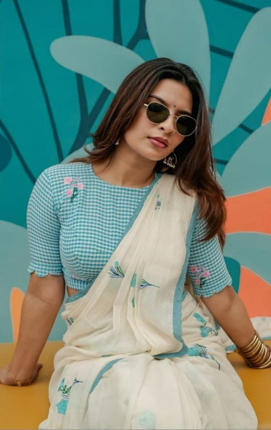 Sky Blue Cotton Linen Saree With blouse Lace Broder Saree