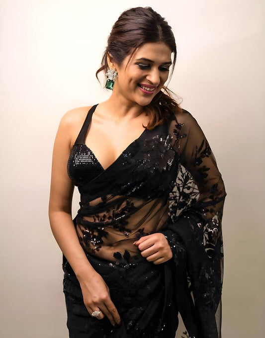 Black Georgette Heavy Multi Embroidery Stich Black Dimond Saree