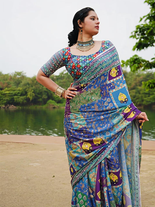 Ethnic Motifs Mirror Work Chinnon Cotton Saree