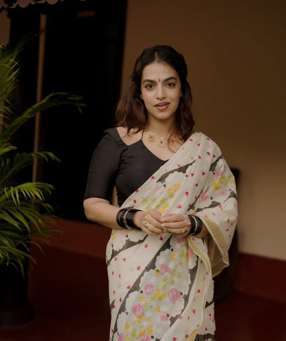Premium Golden Broder Cotton Linen Saree With Soft Floral Print