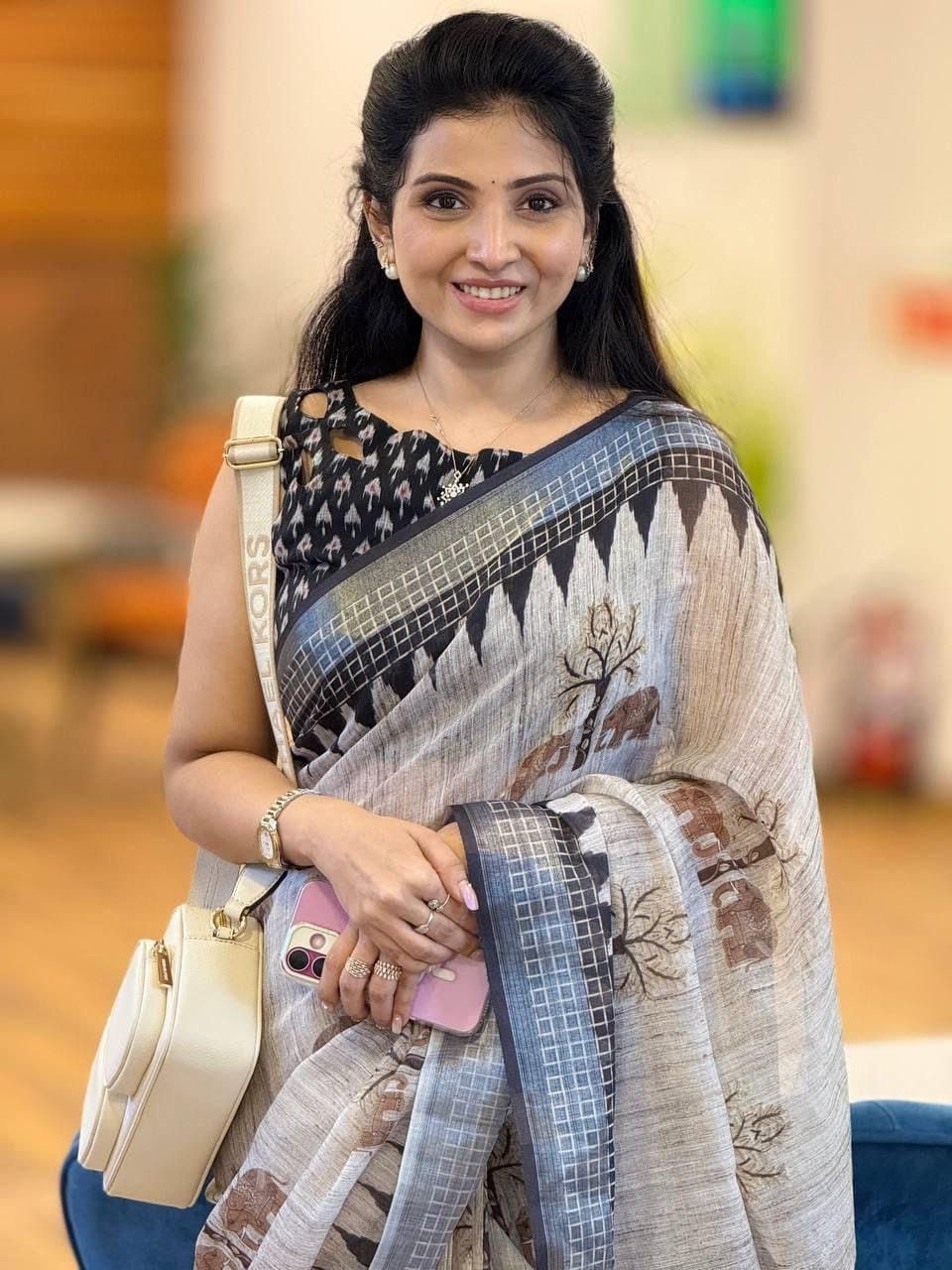Premium Silver Broder Cotton Linen Saree With Soft Floral Print