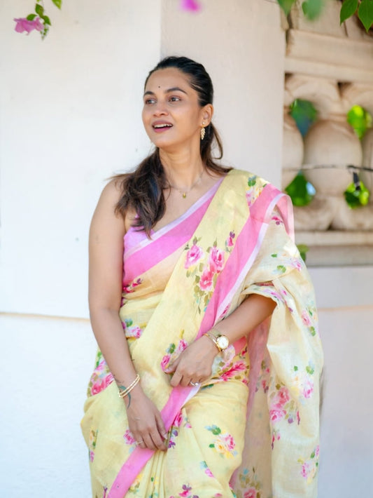 Premium Butter Soft Cotton Linen Saree With Soft Floral Print