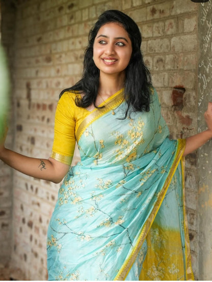Premum Look Soft Linen Cotton Floral Print Saree