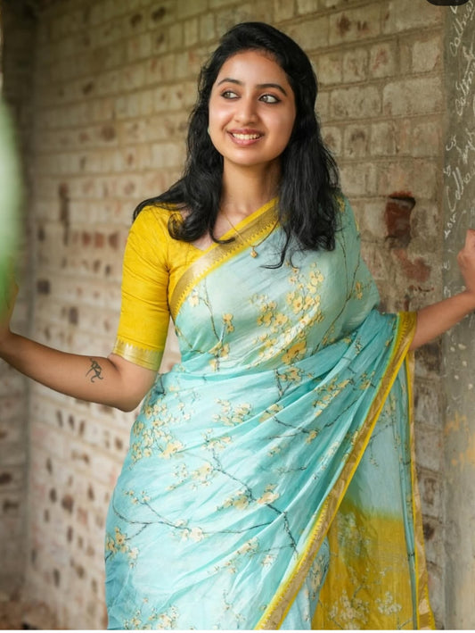Premum Look Soft Linen Cotton Floral Print Saree