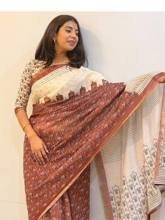 Premum Look Soft Linen Cotton Floral Print Saree