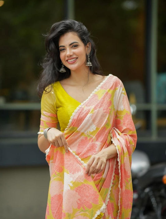 Peach Yellow Cotton Linen Floral Print Saree