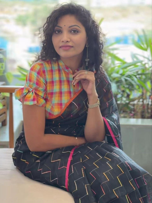 Black Color Floral Design Linen Cotton Saree With Fancy Blouse