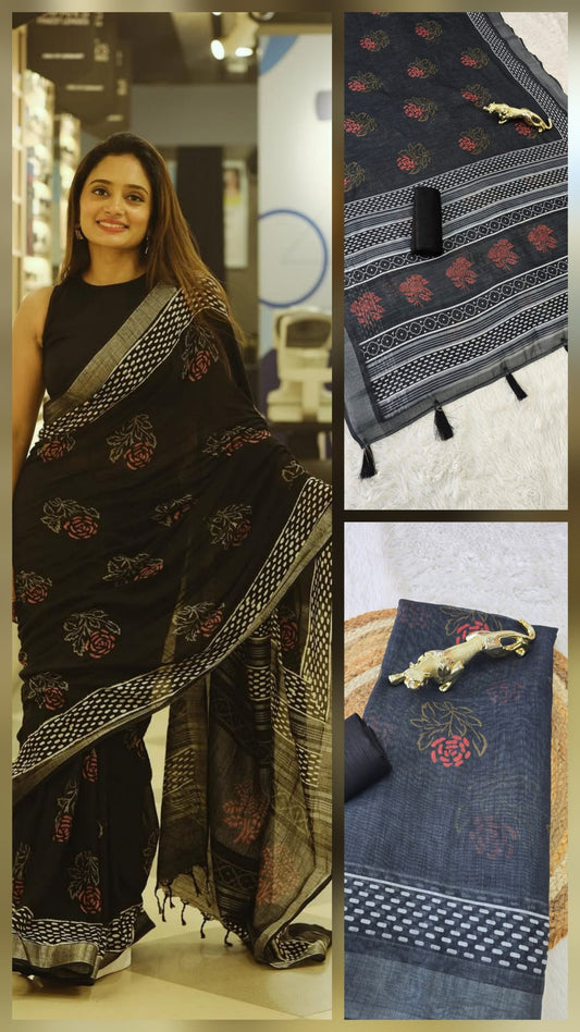 Soft Linen Cotton Floral Disign Saree