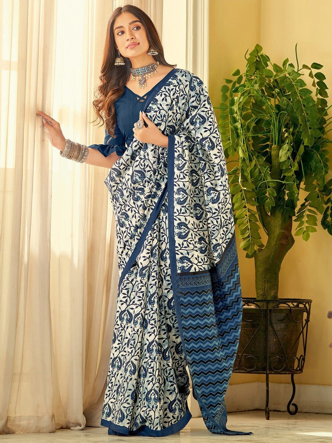 Blue Color Motif Design Linen Cotton Saree
