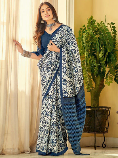 Blue Color Motif Design Linen Cotton Saree