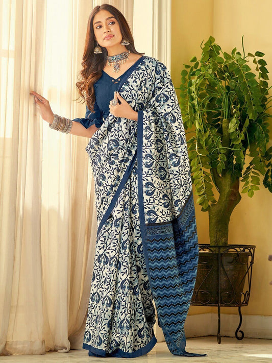 Blue Color Motif Design Linen Cotton Saree