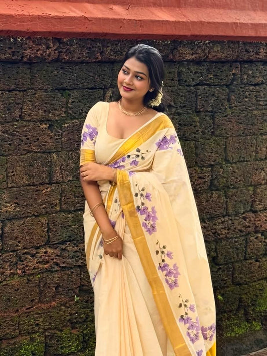 premium Design Golden Broder  LInen Cotton Saree