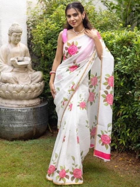 Pink Flower Design Linen Cotton Saree