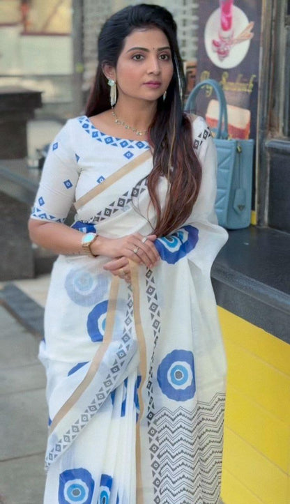 Soft Linen Cotton Blue Abstract Print & Contrast Border