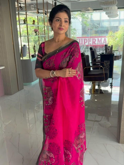 Rani PInk Elephant DEsign Linen Cotton Saree