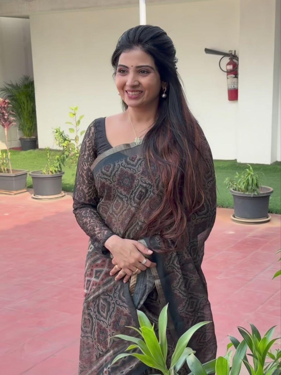 Soft Linen Cotton Coffee And Black Saree