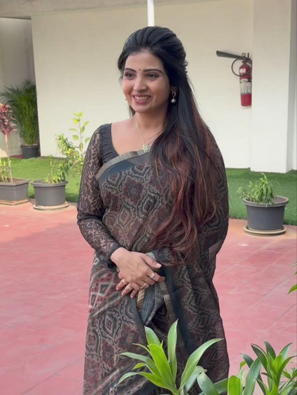 Soft Linen Cotton Coffee And Black Saree