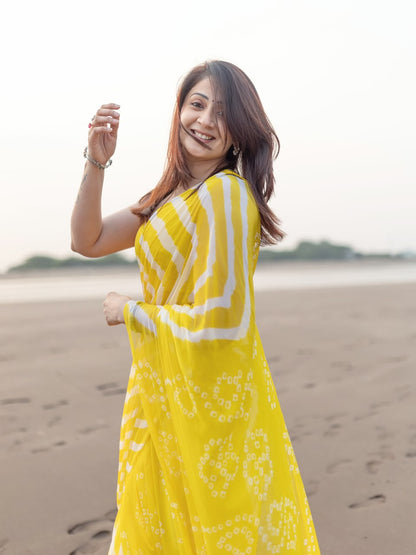 Yellow Leheriya Saree with Tassels