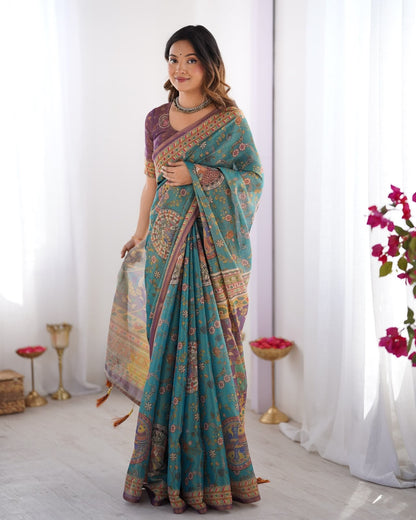Teal Blue Printed Linen Cotton Saree