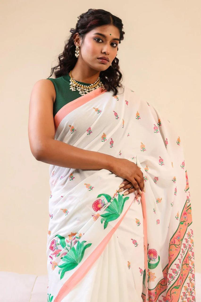 Floral Disign Linen Cotton Saree
