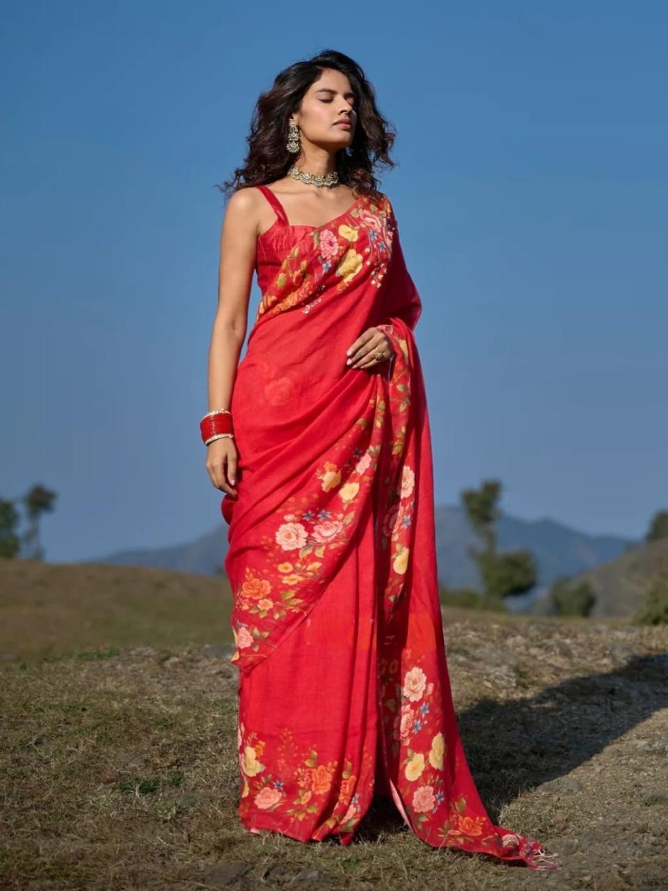 Red Coloor Flower Disign Linen Cotton Saree