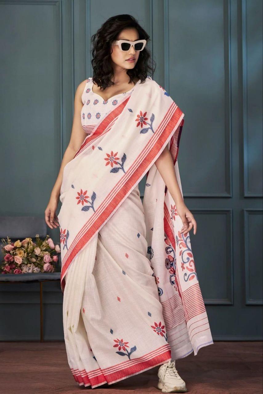 Folwer Print Linen Cotton Saree