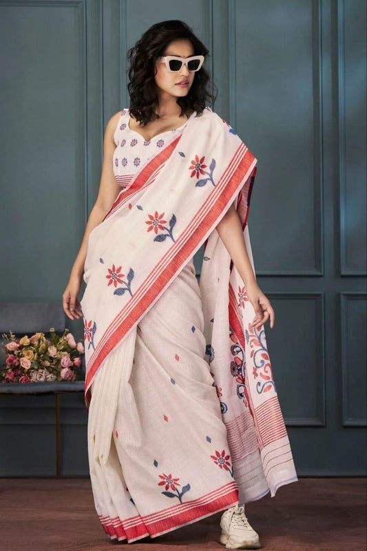 Folwer Print Linen Cotton Saree