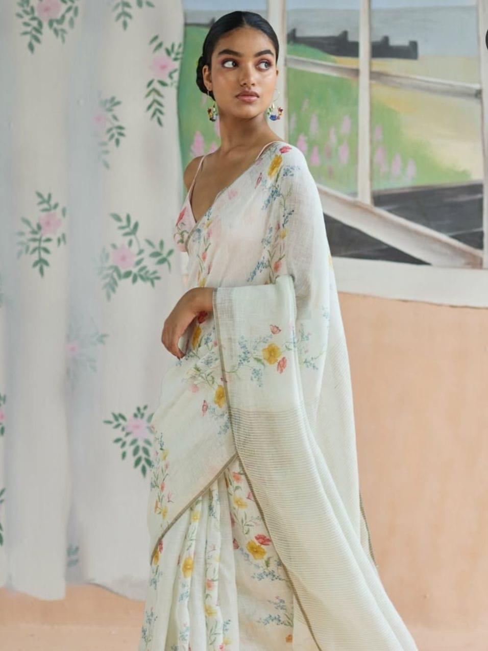 Flower Print Linen Cotton Saree
