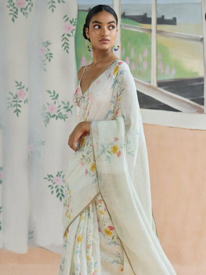 Flower Print Linen Cotton Saree