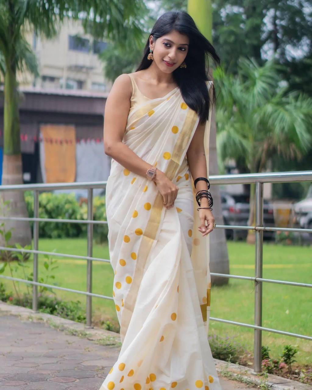 Golden Broder Yellow Round Ball Design Linen Cotton Saree