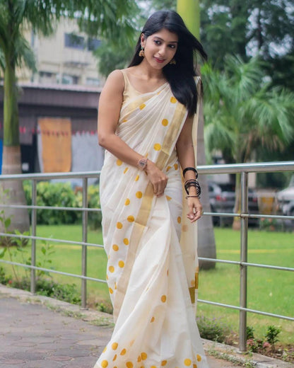 Golden Broder Yellow Round Ball Design Linen Cotton Saree