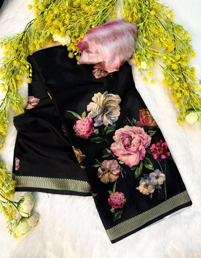 Mul cotton Black Color Pink Flower Disgn Saree