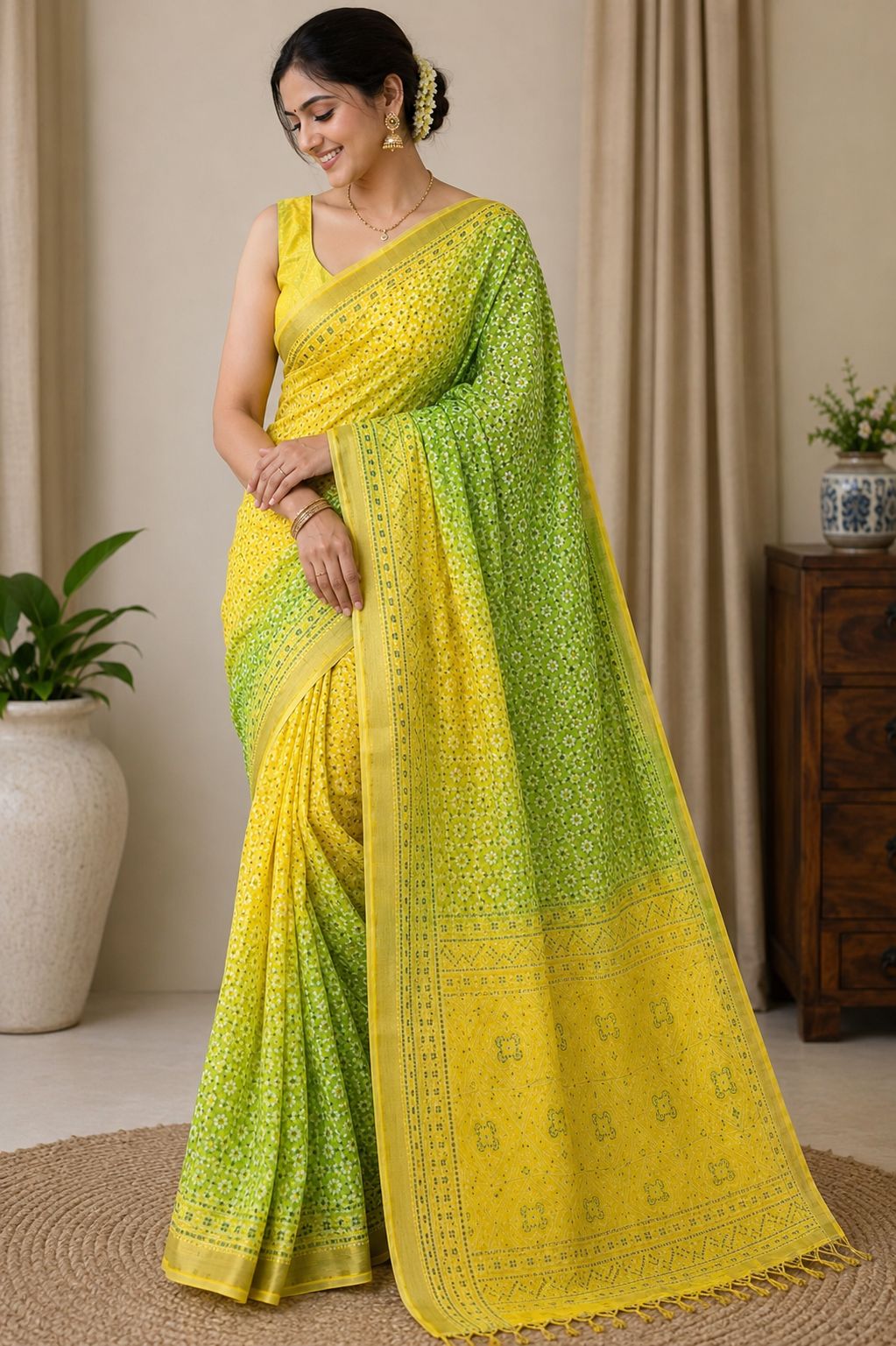 Yellow Bandhej Design Soft Saree