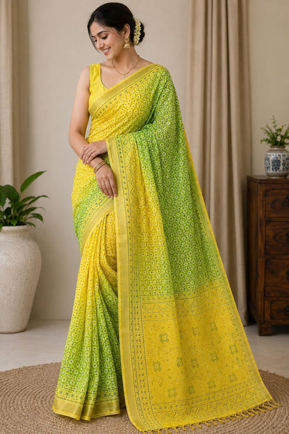 Yellow Bandhej Design Soft Saree