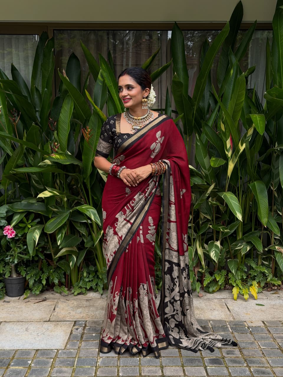 Royal Maroon Ajrakh Saree | Timeless Elegance