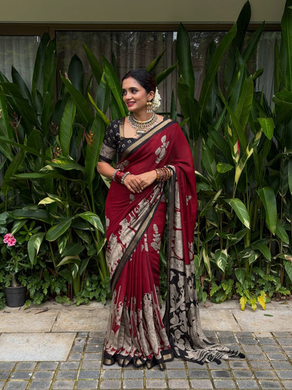 Royal Maroon Ajrakh Saree | Timeless Elegance