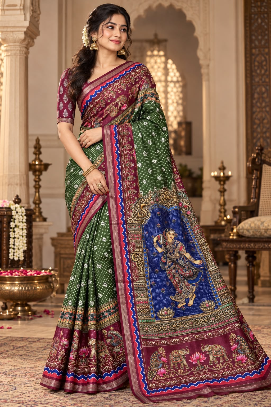 Royal Green & Maroon Traditional Printed Saree | Elegant Ethnic Wear