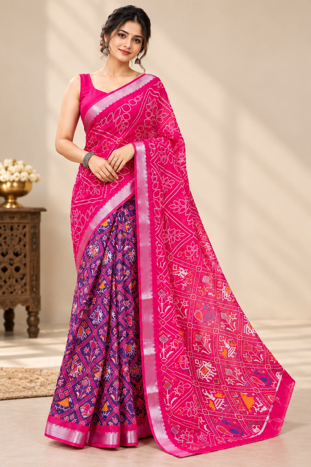 Premium Pink & Purple Designer Saree with Traditional Motifs & Zari Border