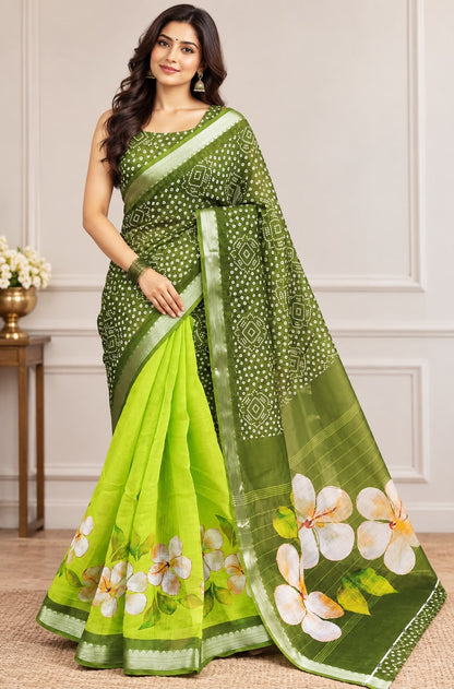 Green Bandhani Floral Print Saree with Lime Green Floral Border