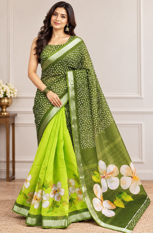 Green Bandhani Floral Print Saree with Lime Green Floral Border