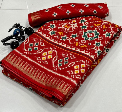 Premium Red Cotton Saree with Traditional Multicolor Motifs