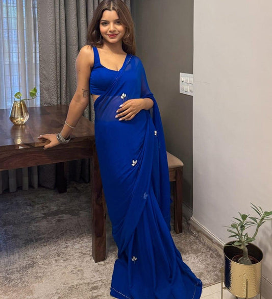 Royal Blue Saree With Elegant White Floral Embroidery