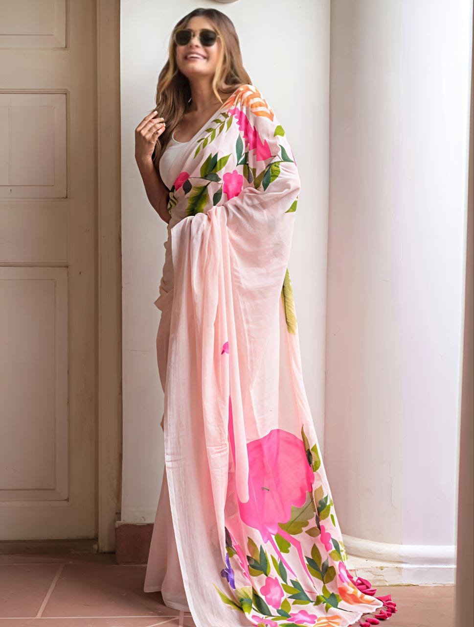 Baby Pink Floral Print Cotton Linen Saree